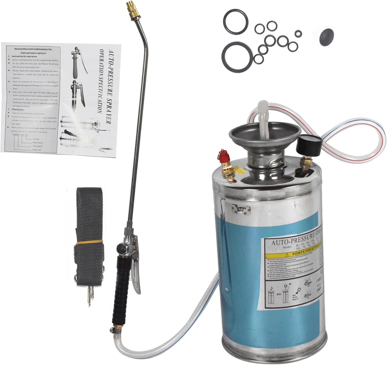1.5 Gallon Heavy Duty Stainless Steel Sprayer 8L Total/6L Working Volume, 16in Wand, 3FT Hose, Adjustable Nozzle, Hand Pump Sprayer with Pressure Gauge, Silver, for Gardening, Lawn, Industry, Home
