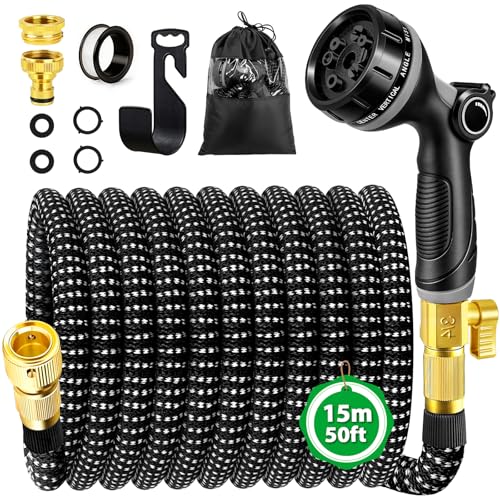 WEVOL Manguera Jardin Extensible 15M, Manguera Extensible con Conectores de 1/2' 3/4' y Soporte de Pared, Mangeras Jardineria con 10 Funciones Pistola para Jardín, Lavar la Mascota, Lavado de Coche