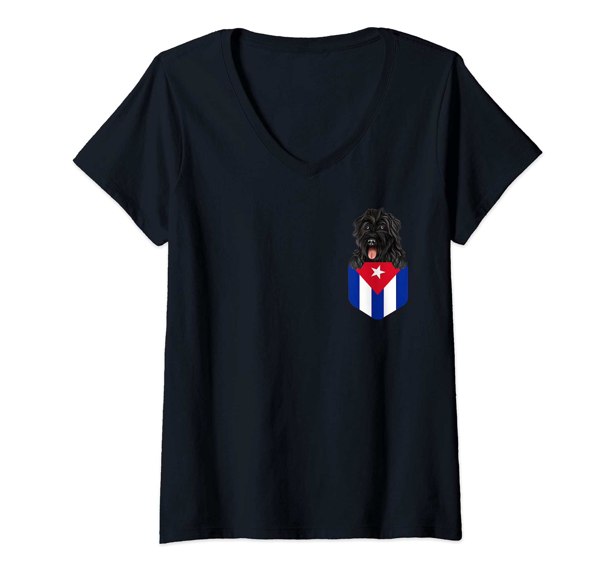 Womens Cuba Flag Bouvier des Flandres Dog In Pocket V-Neck T-Shirt, Black