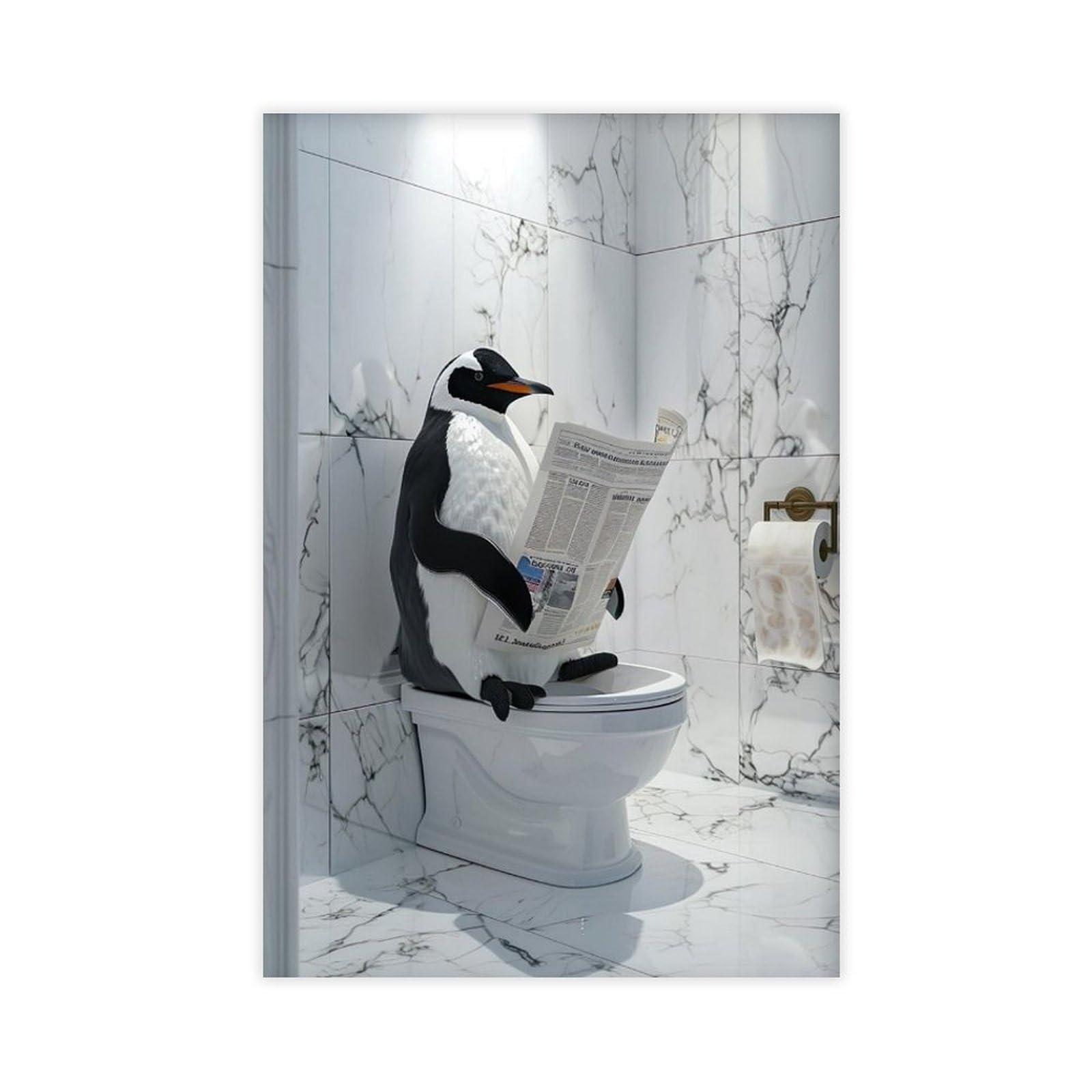 Bncedjk Penguin Sitting On The Toilet Reading A Newspaper Canvas Poster Wall Art Print Picture Paintings 12X18inch(30X45cm)