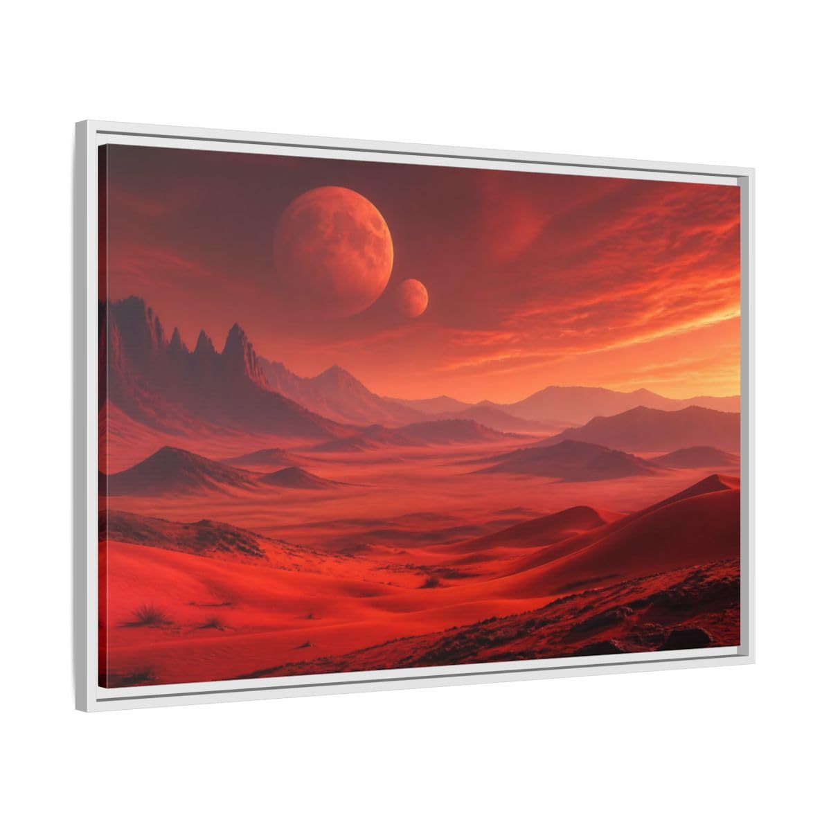 Science Fiction Red Planet Landscape Framed Canvas Wall Art Print – Realistic Living Room, Above Console Table 36×24 inch (90×60 cm) - Horizontal/White / 1.25 inch (3 cm)