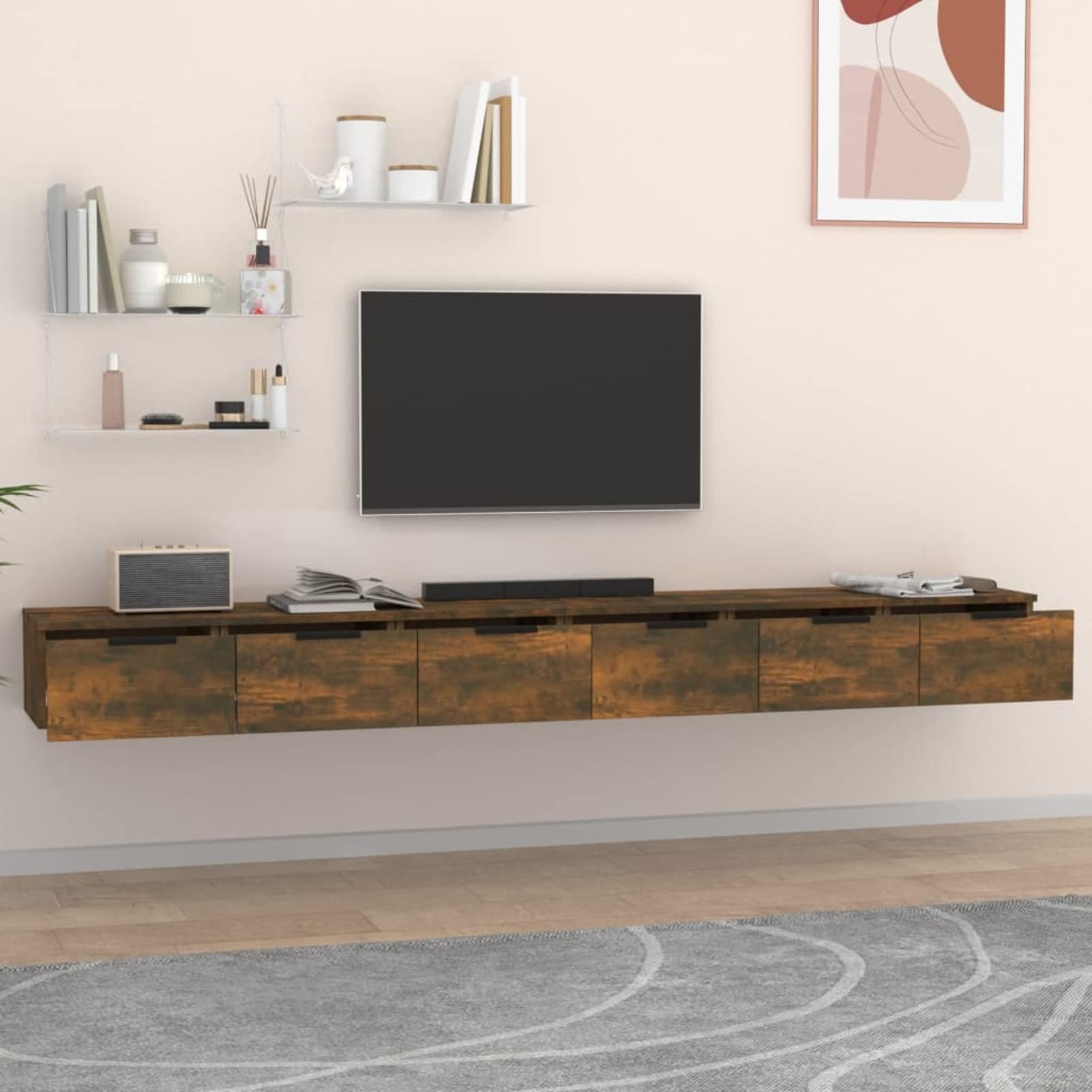 Homgoday Armadietti da parete, 2 pezzi, in legno di rovere fumé, 102 x 30 x 20 cm, pensili da appendere, per cucina e soggiorno, mobili per interni e interni