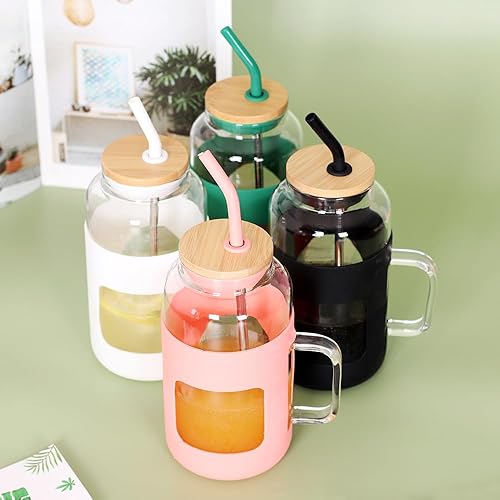 Miniatura 6 de Vaso de vidrio de 50 onzas con tapa de bambú y popote, botellas de agua de vidrio con funda de silicona, taza de café helado con asa, vasos para