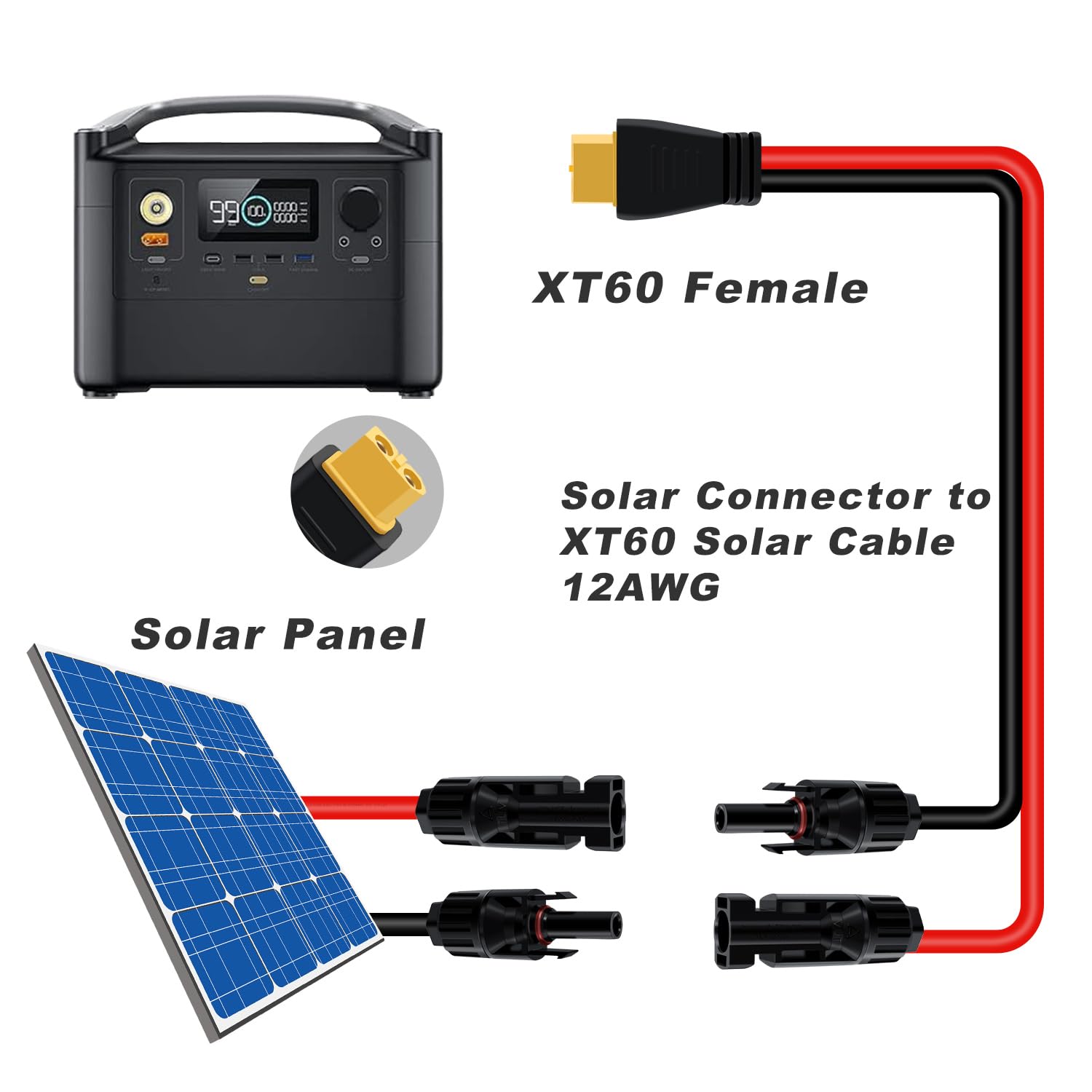 Kabel Solarny z Wtykiem XT60, Kabel ładujący 12 AWG, Adapter XT60 na Gniazdo Wtyku Solarnego do Przenośnych Paneli Słonecznych, Generator Solarny Kraftwerk (3 m)