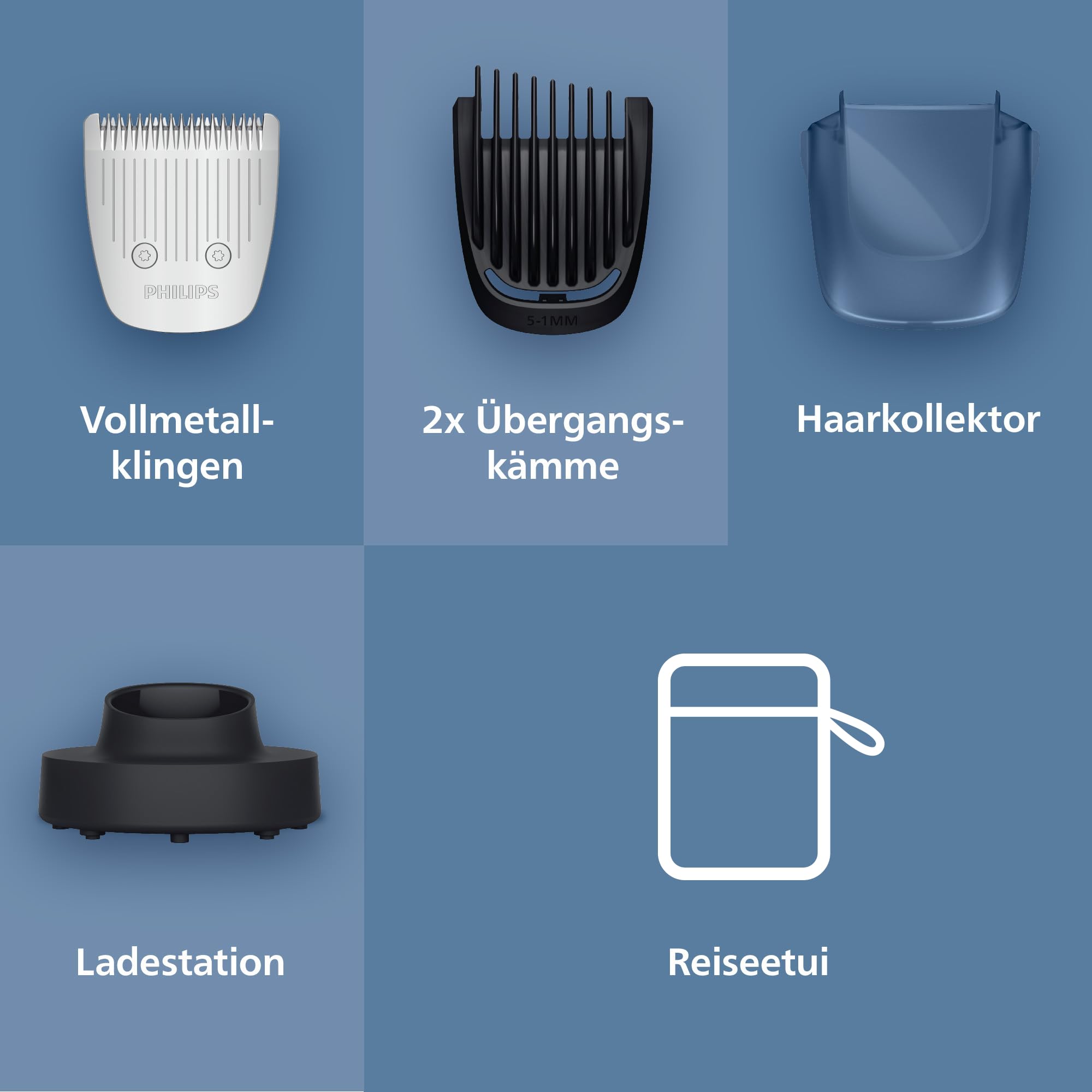 Philips Bartschneider 5000er-Serie – selbstschärfende Metallklingen, 40 Längeneinstellungen, BeardSense-Technologie, Haarkollektor, 100% wasserdicht, Übergangskamm, Reiseetui, Modell BT5785/30