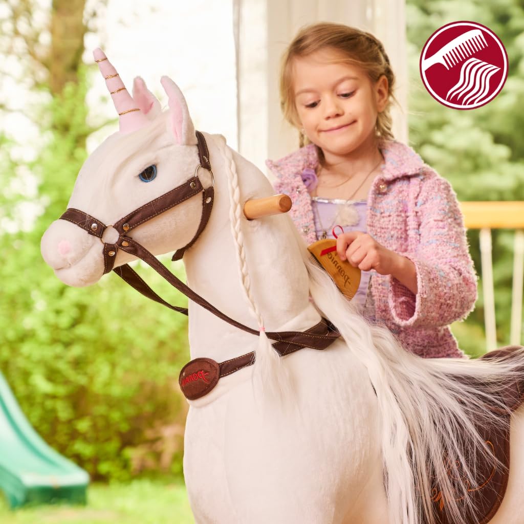 PONNIE Koń jeździecki na rolkach Unicorn M (5-12 lat), konik do zabawy konnej, ze zdejmowanym brązowym siodełkiem i uzdą, z uzdą, czesana grzywa i ogon, pluszowy koń do jazdy konnej dla dzieci