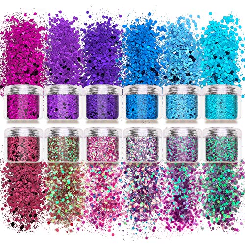 Laza 12 Colors Glitter Nail Art Acrylic Nails Powder Mixed Sequins Iridescent Flakes Ultra-Thin Paillette Sparkles Tips Chunky Box 120G For Face Eyes Body Hair Crafts Tumblers - Mermaid Princess #TOP5