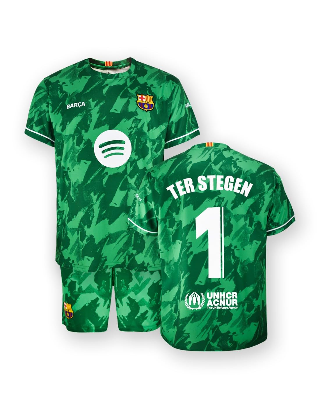 Barcelona FC Goalkeeper Jersey and Trousers, 1 TER Bridges, Official Replica Licensed Product - Season 2024/2025 - Children's Size 14 Years, Green, 14 Years