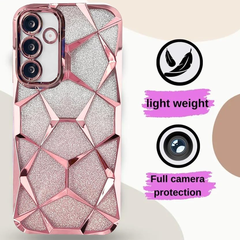 Image of VONZEE Gradient Glitter Clear Case for Samsung S25 Plus, Luxury Electroplated 3D Cube, Diamond Bling Shiny Soft TPU Clear Shockproof Women Girls Protective Phone Cover (Rose Gold)
