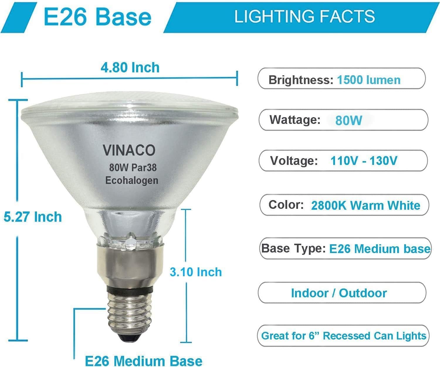 PAR38 Flood Light，4 Pack PAR38 Halogen Flood Light Dimmable 80W 120V， High Brightness 1500LM Equivalent 100W Halogen Light Bulbs, PAR38 Bulb with E26 Base,2800K Warm White Ideal for Indoor/Outdoor