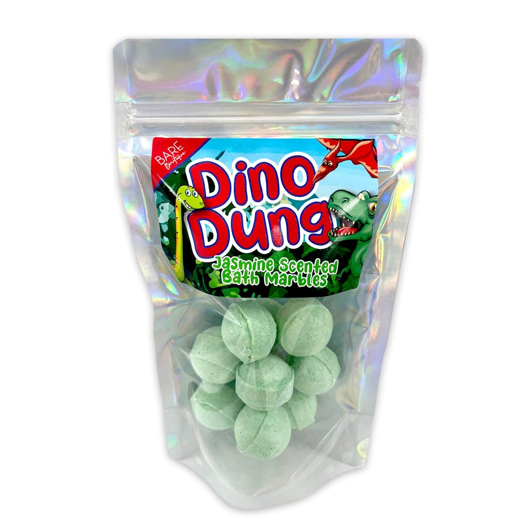 Dino Dung Bath Bombs. Dinosaur Themed Gift. 12 Jasmine Scented Bath Marbles. No SLS, No Mess. Stocking Fillers for Boys, Secret Santa Gift Ideas.
