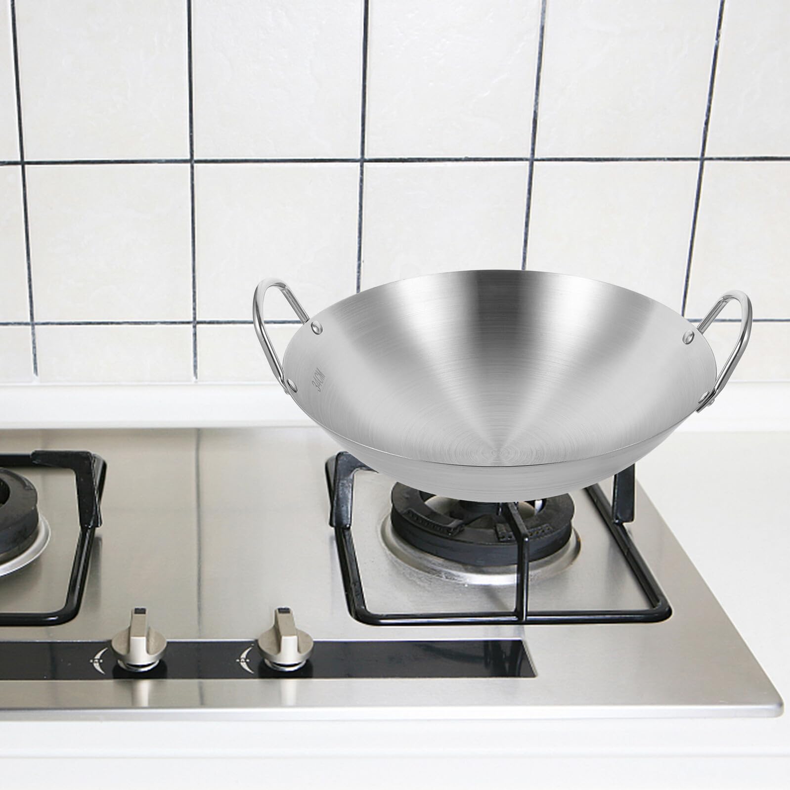 SHINEOFI Poêle à Wok Chinoise en Acier Inoxydable Argentée, Stable | Usage sur Plaque de Cuisson et Flamme Nue, Large Polyvalence, Ustensile Cuisine Domestique