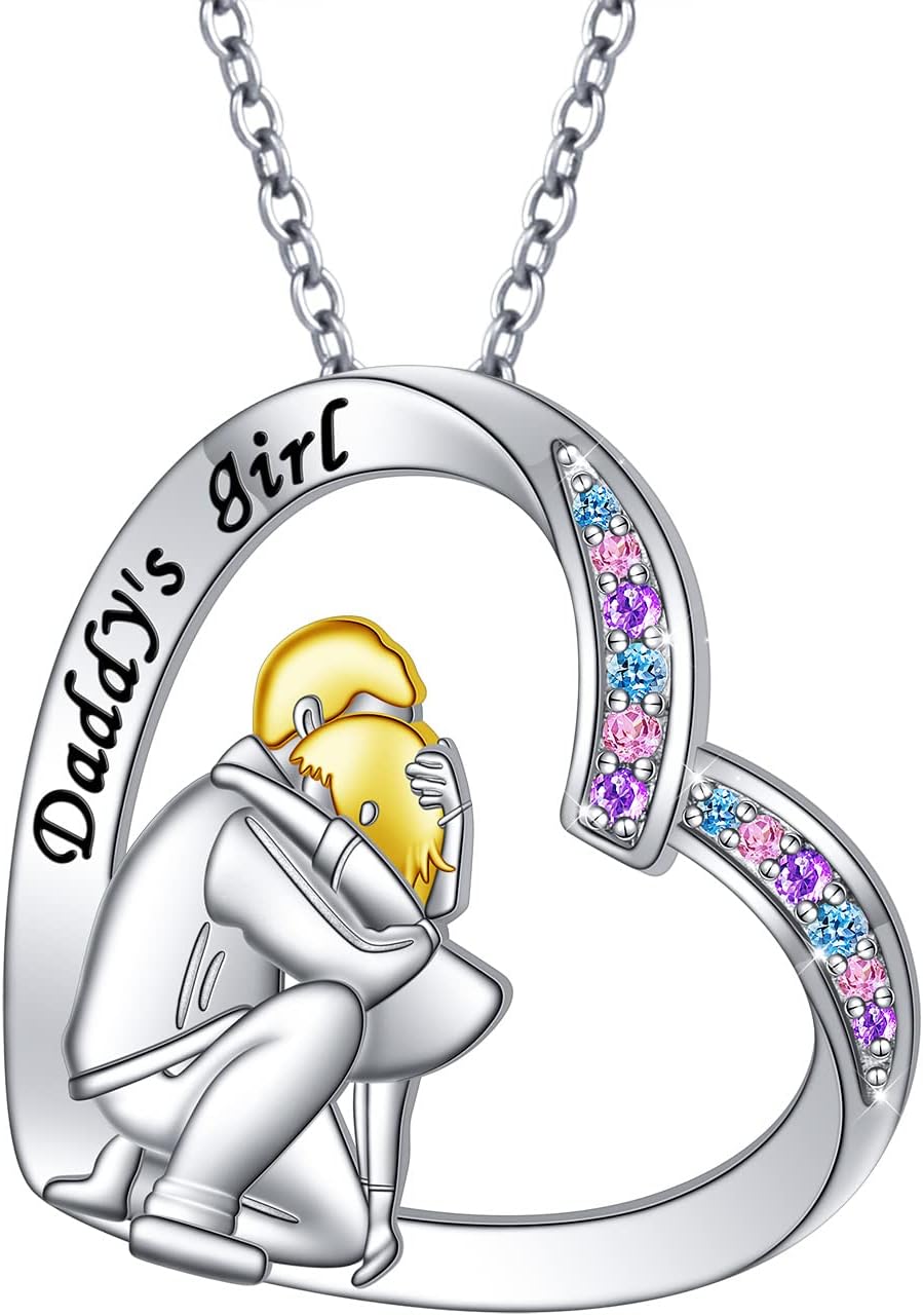 S925 Sterling Silver Father Daughter Heart Pendant Necklace Jewelry Gift from Dad Mom