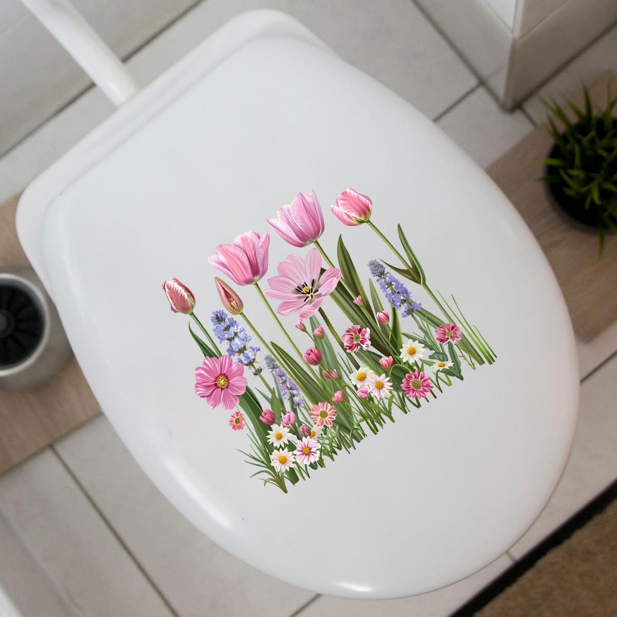 Pink Wildflower Toilet Lid Seat Cover Decal, Pinkish Tulip Floral Hyacinth Flower Bathroom Wall Sticker,Vinyl Removable Waterproof Wall Clings for Bathroom Bathtub Lavatory Washroom