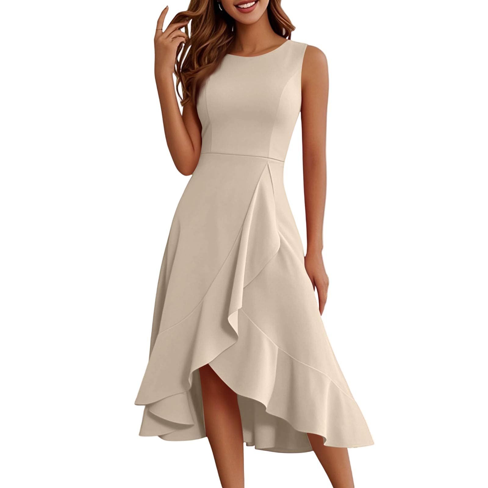 Robe Été Femme Sans Manches – Col Rond, Taille Haute, Ourlet Irrégulier Volants – Tissu Léger Et Élastique