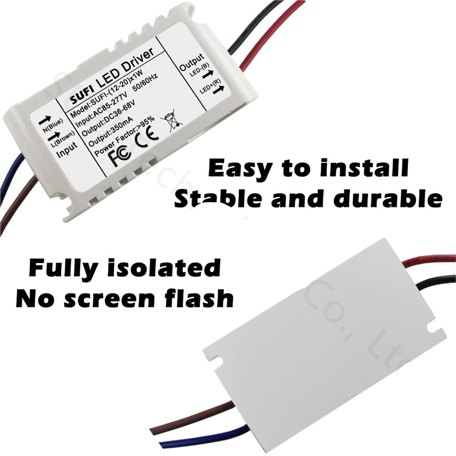 Controlador LED de 20 W, 350 mA, CA 85-277 V a CC 36-68 V, adaptador de caja de plástico, transformador de iluminación, interruptor for tira de LED, bombilla de techo.(5 Pieces)