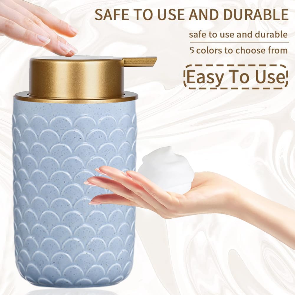 Foaming Soap Dispenser, Ceramic Foam Hand Dish Liquid Soap Dispenser for Bathroom, 12 oz Refillable Lotion Soap Dispenser with Gold Pump, Modern Bathroom Decor (Blue)
