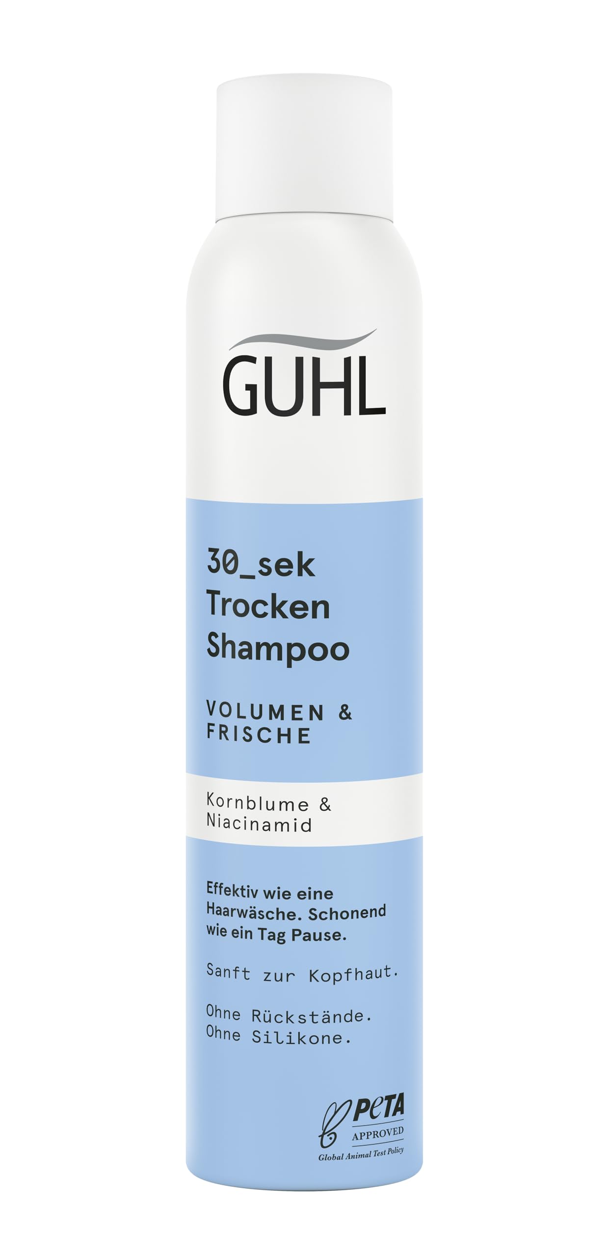 Guhl 30 sek Trockenshampoo - Volumen & Frische - Inhalt: 200 ml - Niacinamid & Kornblume - Effektiv wie eine Haarwäsche - Schonend wie ein Tag Pause - Ohne Rückstände - Ohne Silikone