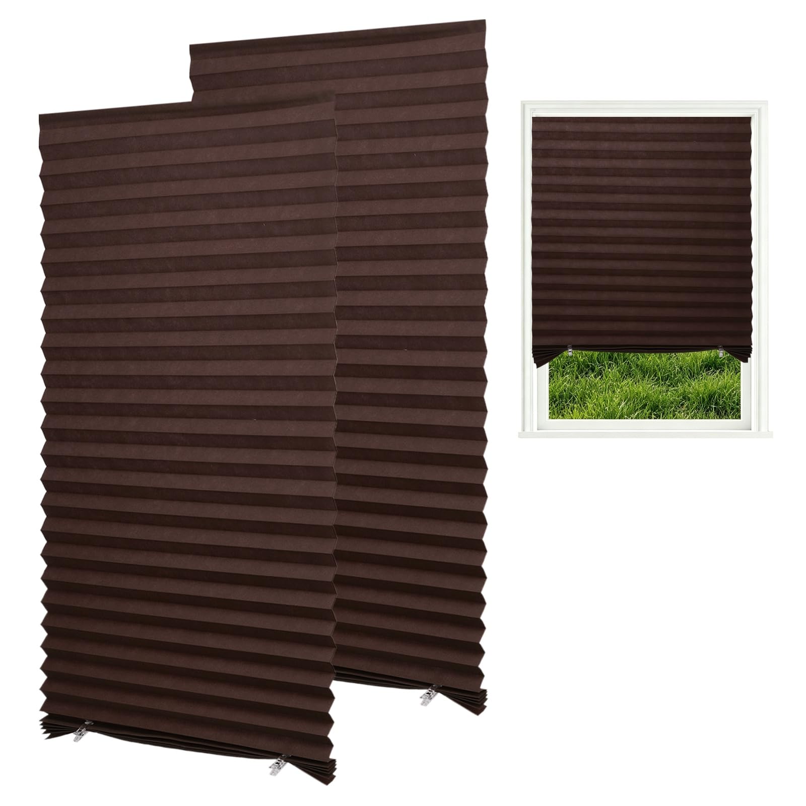 sourcing map 2 Pack No Drill Blinds for Windows, 60 x 180 cm Stick on Blackout Temporary Blinds Curtains with 4 Clips for Bedroom Kitchen Bathroom, Coffee Brown