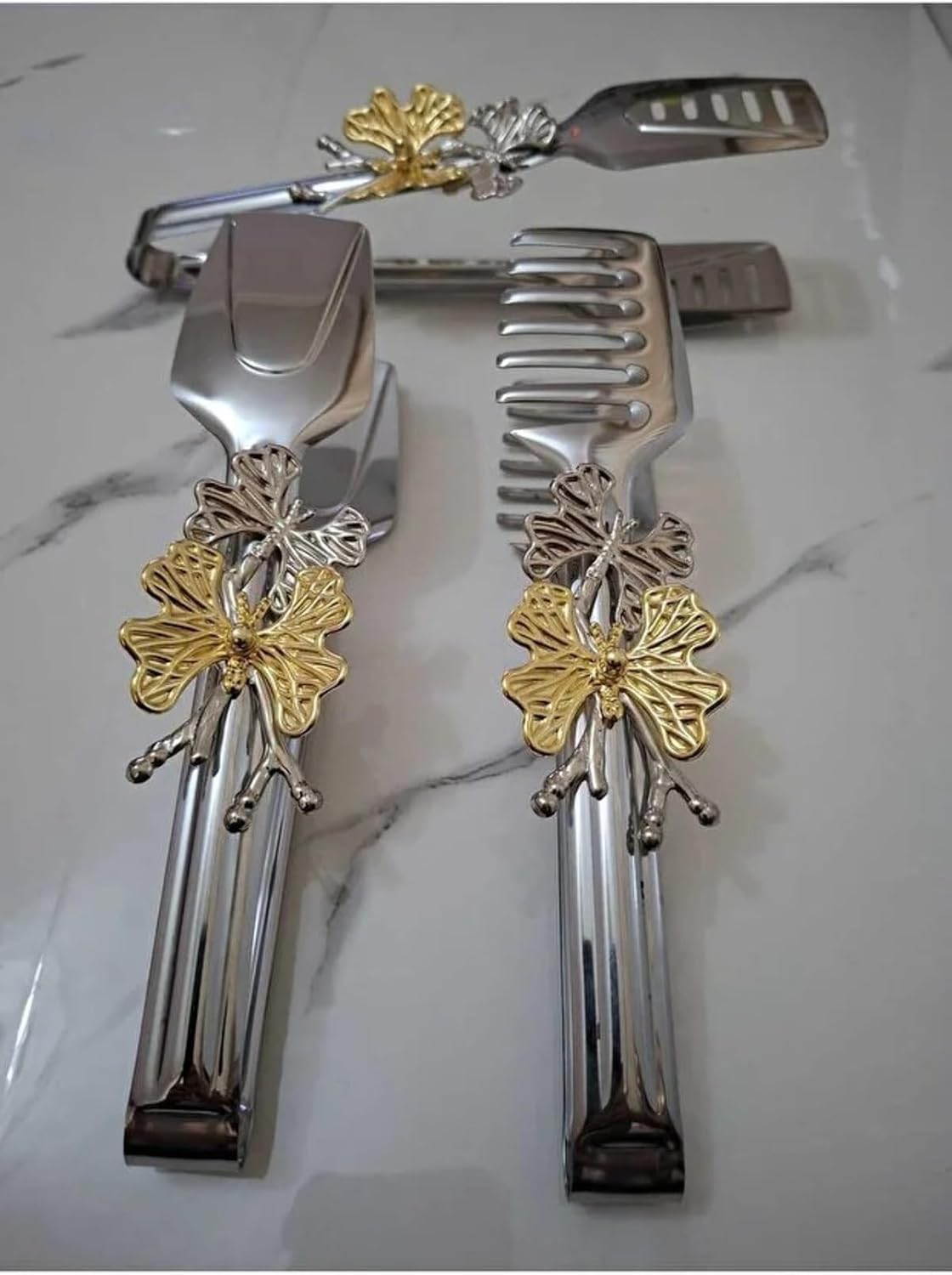 Serving Tongs Set 3-Piece Silver Stainless Steel Butterfly Design refined Serving Utensils for Appetizers, Salads, Desserts - Silver