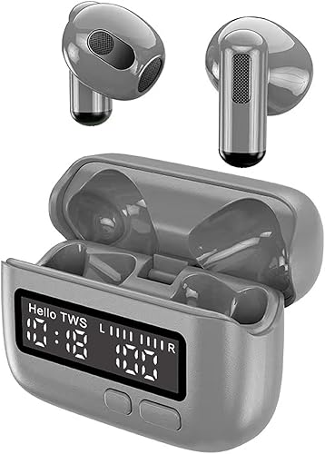 MuatCtarom Auriculares Bluetooth inalámbricos portátiles BPG (gris), diseño BB Pager, pantalla LED de potencia y hora, y función de cronómetro,