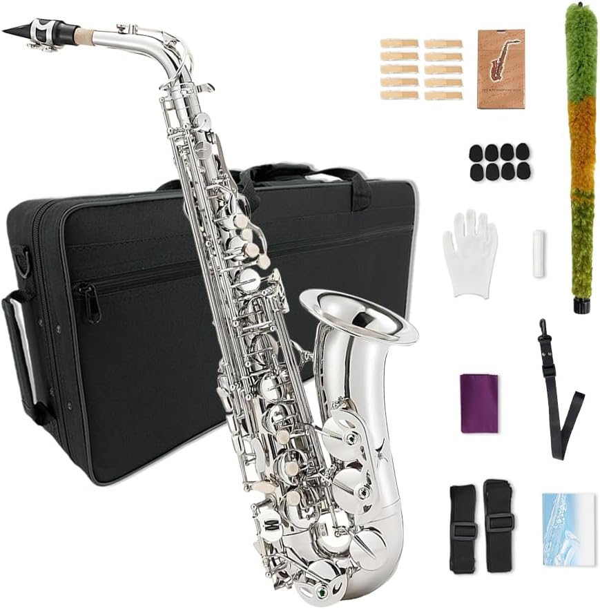 E-Flat Alto Saxophone, Gold Lacquer with Brass Body - Includes Case, Mouthpiece, Reeds, Neck Strap & More - Ideal for Starters & Beginners (silver)