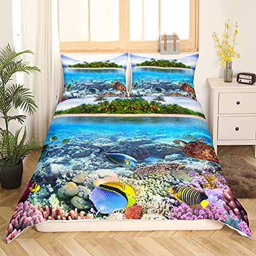 Sea Turtle Comforter Cover For Boys Girls,Nautical Ocean Fish Bedding Set For Kids,Beach Coastal Duvet Cover Full,Tropical Marine Life Animal Quilt Cover,Reptile Tortoise Bed Set With Pillow Shams #TOP15