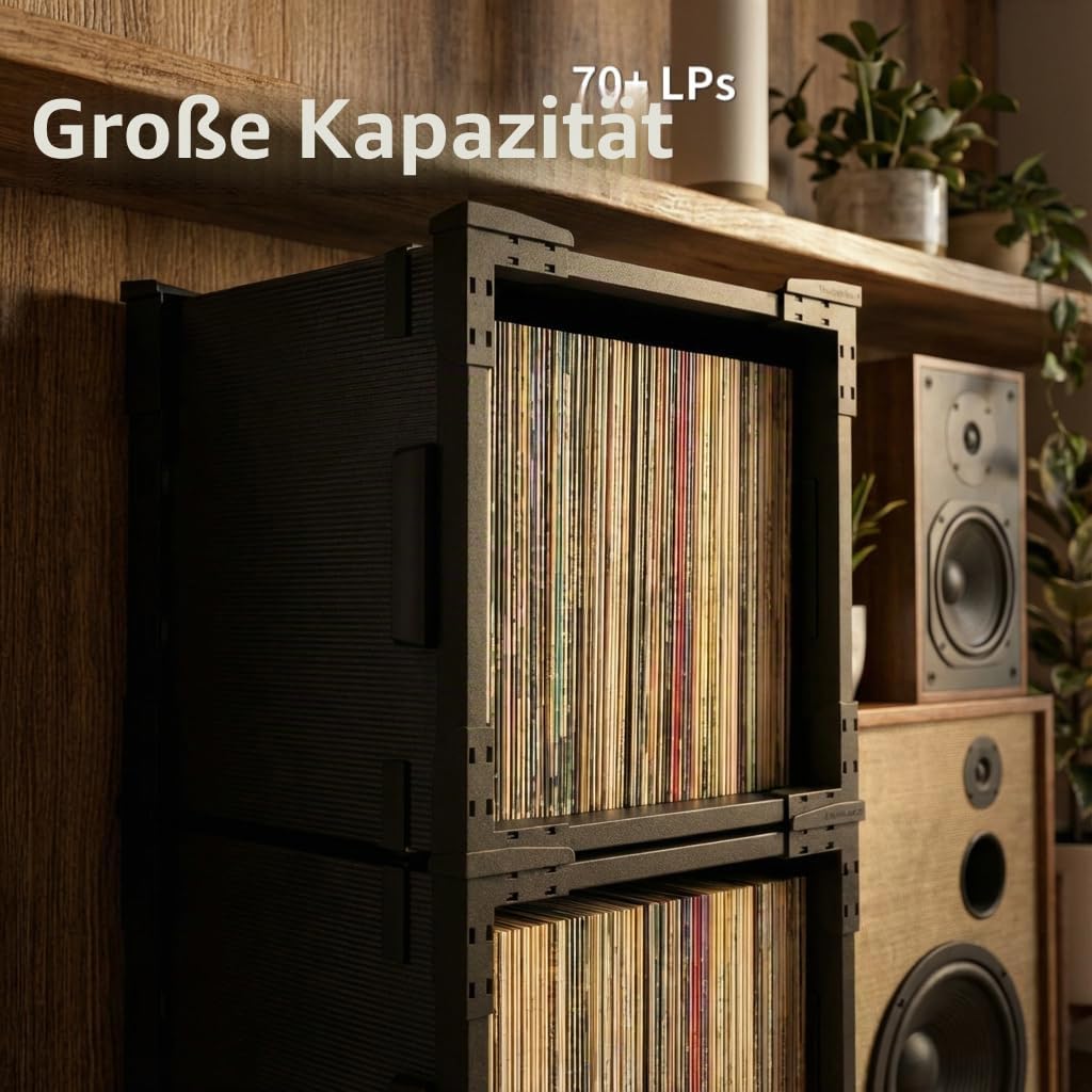 HumminGuru FlexiCube Schallplatten-Aufbewahrungsbox – Stapelbarer Organizer für 12-Zoll-Schallplatten, Platz für 70 LPs | Modulares Vinyl-Regal und Zusammenklappbare Aufbewahrungskiste (1 Würfel)