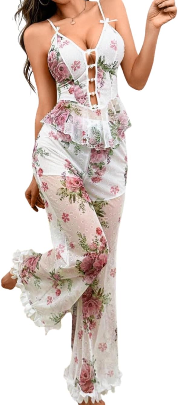 Women's Fully Sheer Mesh Pajama Set, Romantic Floral Lounge Wear with Rhinestone Cami & Ruffle Pants