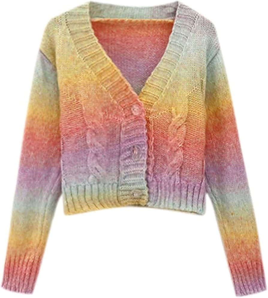 女性ニットセーターカーディガンズフローラルVネックロングスリーブ女の子甘いビンテージカジュアルコートジャンパー(F, Zc)