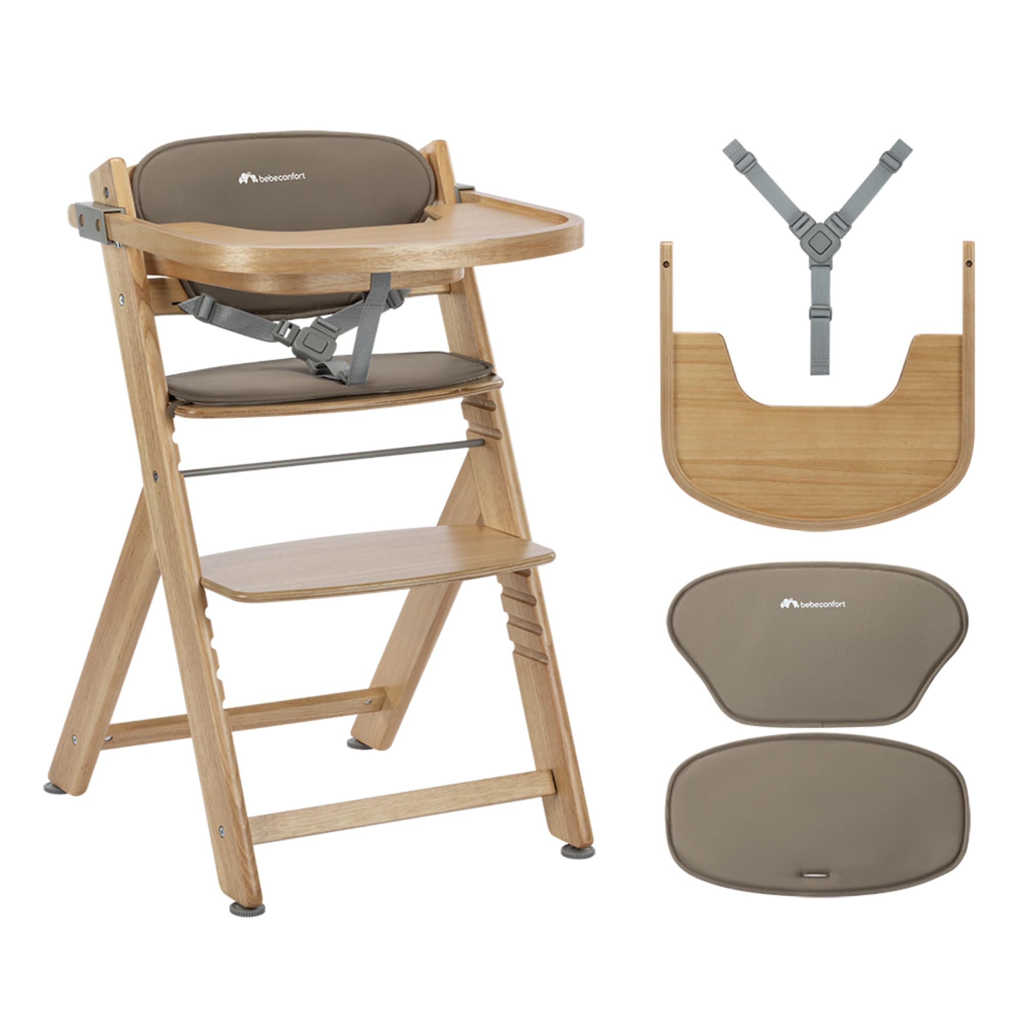 Bebeconfort Timba 2 mit Kissen, Mitwachsender Hochstuhl Baby, Ab 6 Monaten, Bis 110 kg, Ergonomischer Baby & Kinderhochstuhl Holz, Fast alle Esstische, Abnehmbares Tablett, Natural Wood + Beige