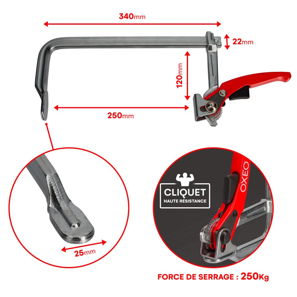 Serre joint à levier 250mm X2 - Rapide - Force de serrage 250kg - Grande envergure 250mm - Saillie 120mm - Acier forgé