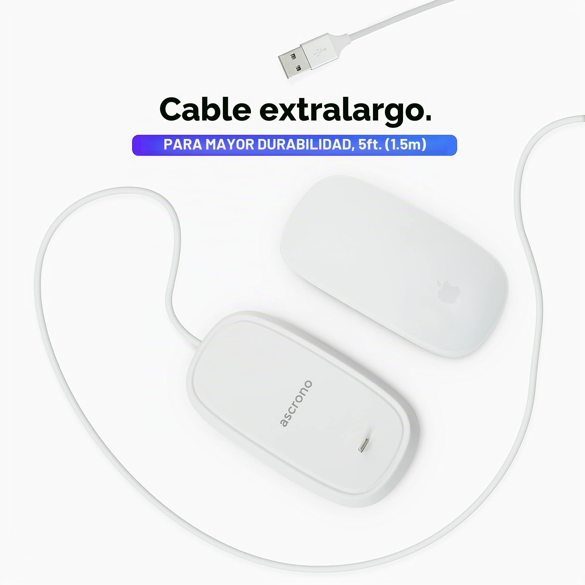 Ascrono - Estación de Carga para Apple Magic Mouse 2 - Blanco Magic Mouse 2 Accesorios | Utilizable como Base de Carga, Soporte y Cargador | Incluye Cable USB-A de 5 Pies (1,5 m)