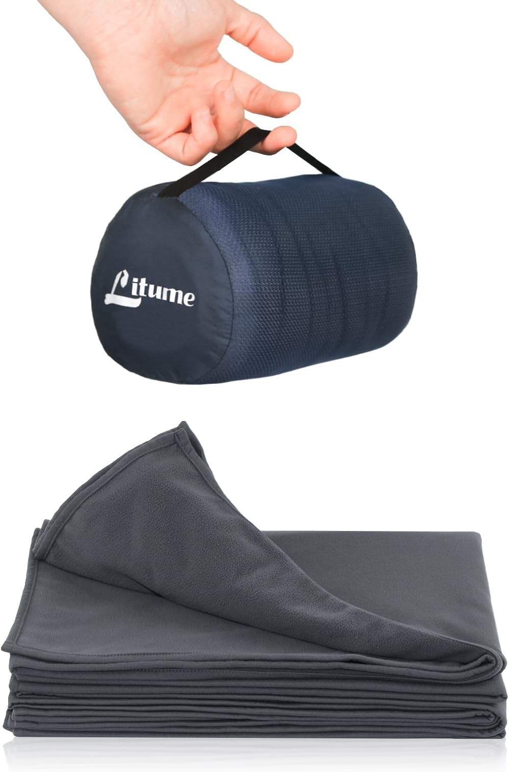 Litume Compact Travel Blanket for Airplane, Fleece, Dark Grey