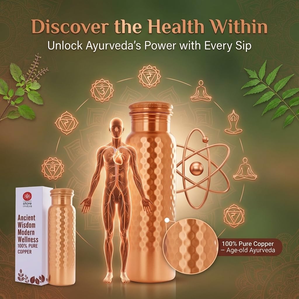 Copper Water Bottle for Drinking Water 30 oz | 100% Pure Copper Ayurvedic Water Bottle with Leak-Proof Lid | Hammered Finish for Better Grip | Wellness Flask for Yoga, Office, Gym & Home Use