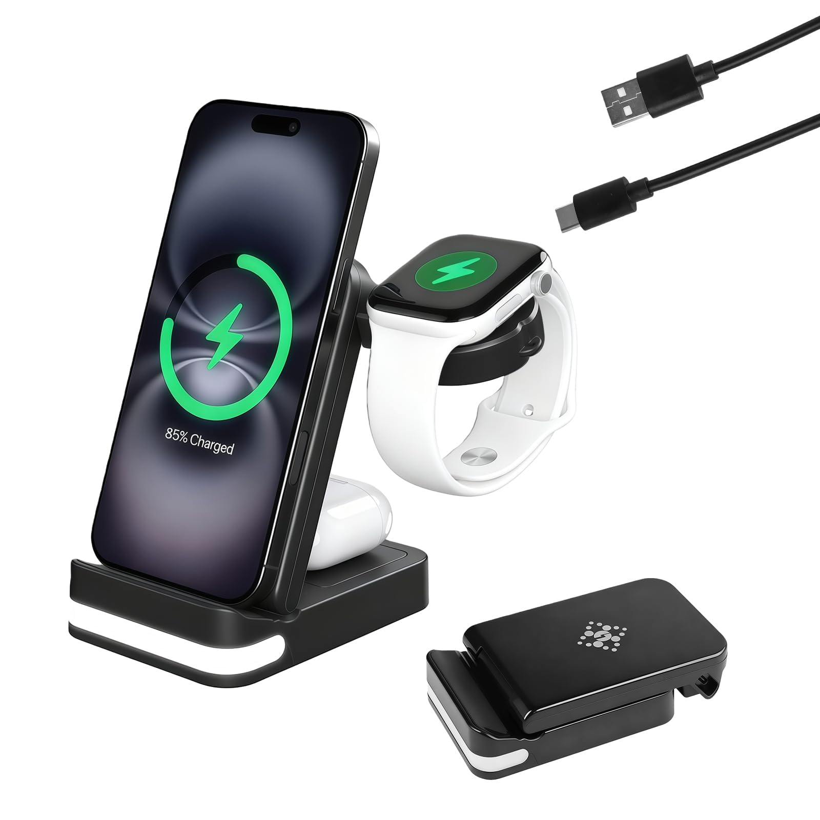 Cargador Inalámbrico Plegable para Samsung 3 en 1, Estación de Carga para Galaxy S25/S24/S23/S22, Watch 7/6/5/4/3,Soporte para Reloj, 15 W, Negro
