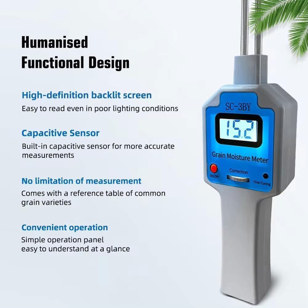 Medidor Digital De Humedad De Harina, Medidor De Humedad De Grano, Probador Humedad, Sonda Doble Humedad Alta Precisión 0,3, Conducción Capacitiva, Con Pantalla Retroiluminada, Rango Medición 5