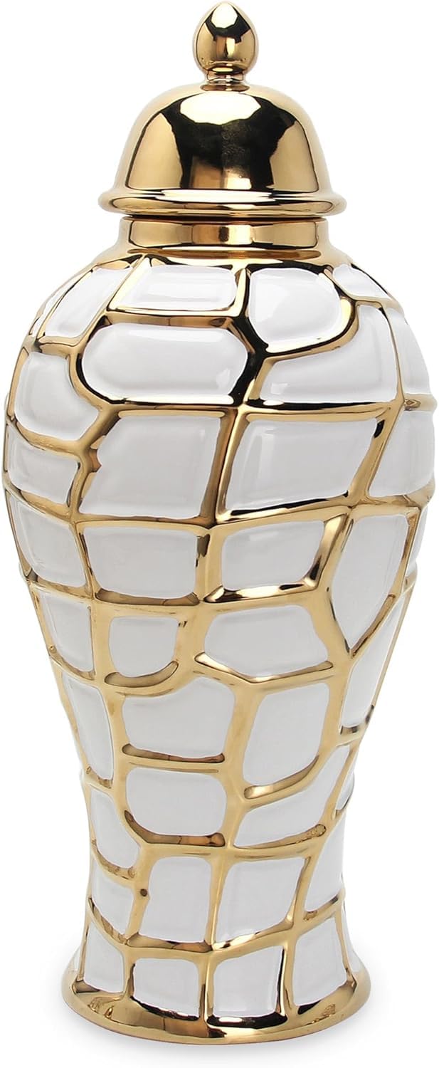 Vase Tabletop Regal White and Gold Ceramic Ginger Jar Decorative Decor Accent