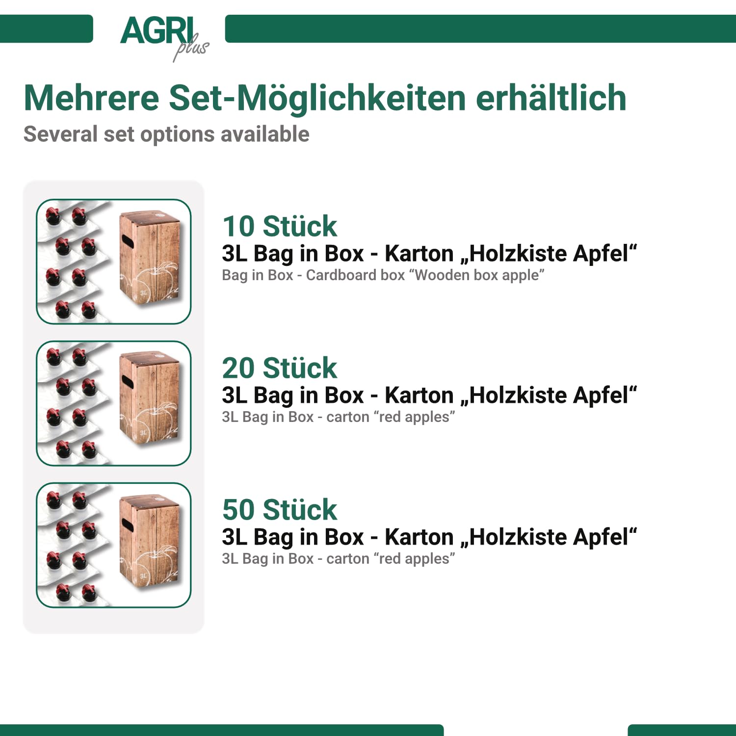 AGRI plus Bag-in-Box-Beutel mit Karton I 3 Liter I 50 Stück I Hochwertiges Saftbeutel-Set mit Holzkiste-Apfel-Motiv I Bis zu 40 x wiederverwendbar I Standboden-Beutel für Apfelsaft, Saft & Wein
