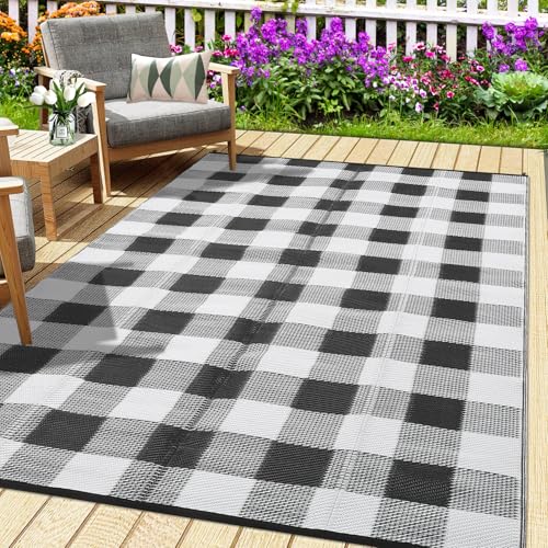 Outdoor Rug 9x12 Waterproof Patio Rug Outdoor Carpet Reversible RV Camping Picnic Plastic Straw Rug Outside Outdoor Area Rug for Balcony Deck Backyard Patio Decor, Black/White