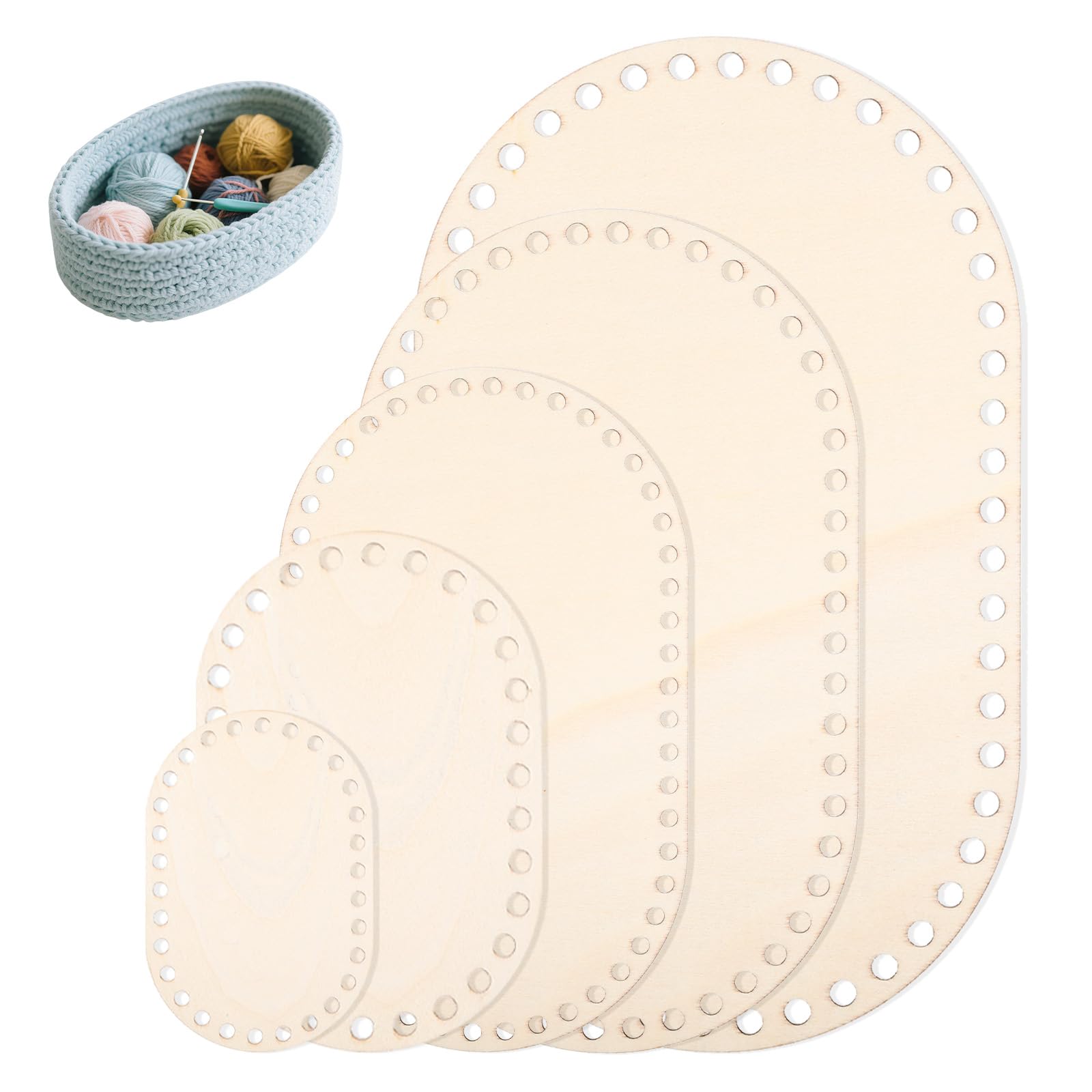 5 Pcs Wooden Basket Bottom for Crocheting, 5 Sizes Wooden Oval Blank Solid Crochet Basket Base for DIY Basket - Weaving Supplies, Home Decoration