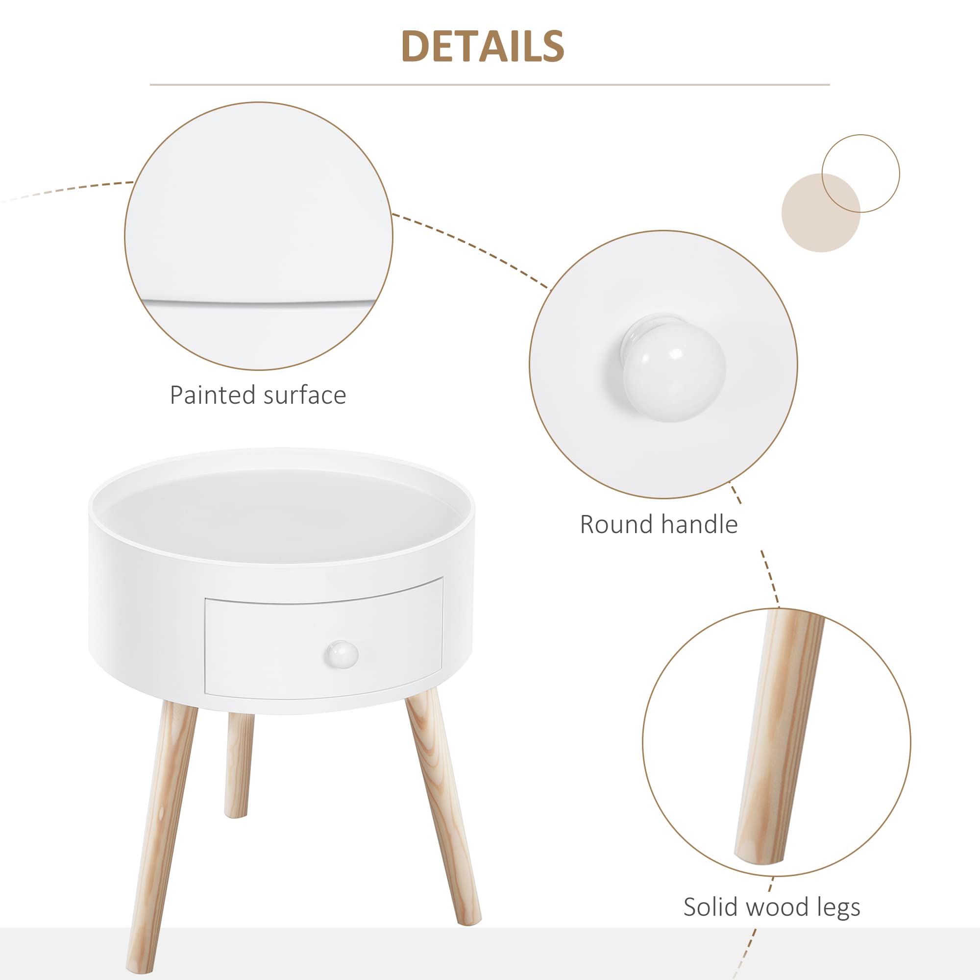 HOMCOM Tavolino da Salotto Moderno in Legno, Tavolino Rotondo con Cassetto, Tavolino da Caffè per Soggiorno e Camera, Bianco