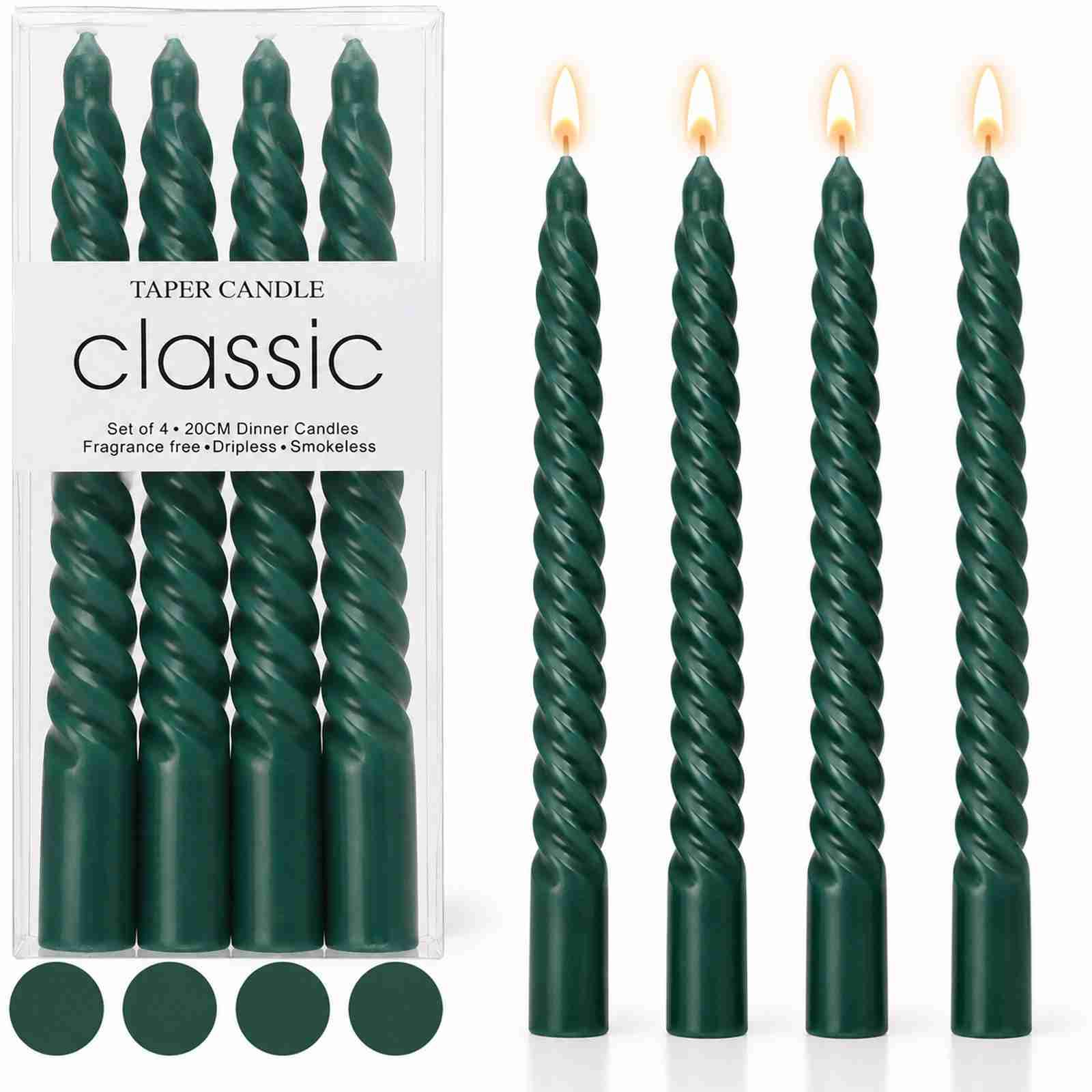 4 Pack Dark Green Spiral Taper Candles, 20cm Unscented Dinner Candlesticks