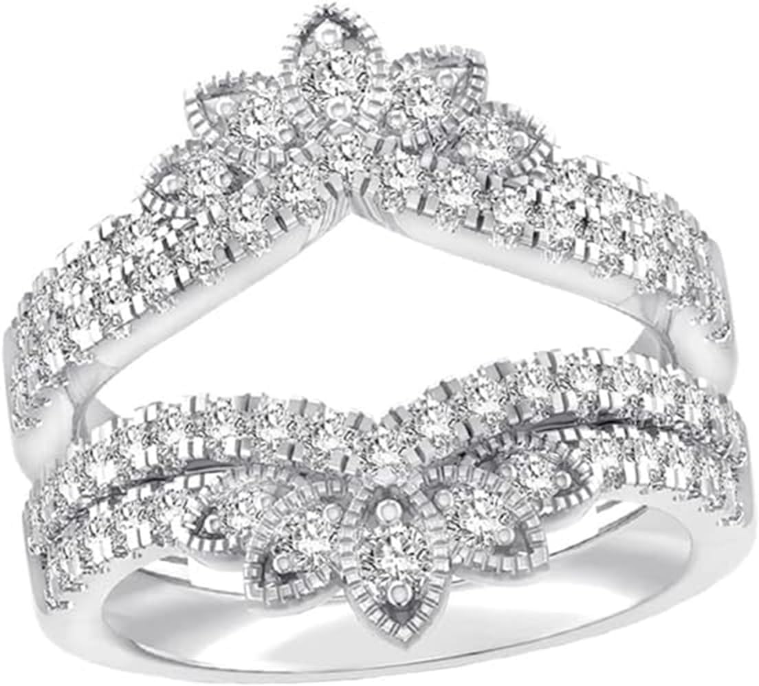 Created Round Cut White Diamond 925 Sterling Silver 14K White Gold Finish Miligrain Double Row Wedding Enhancer Wrap Ring Guard For Women