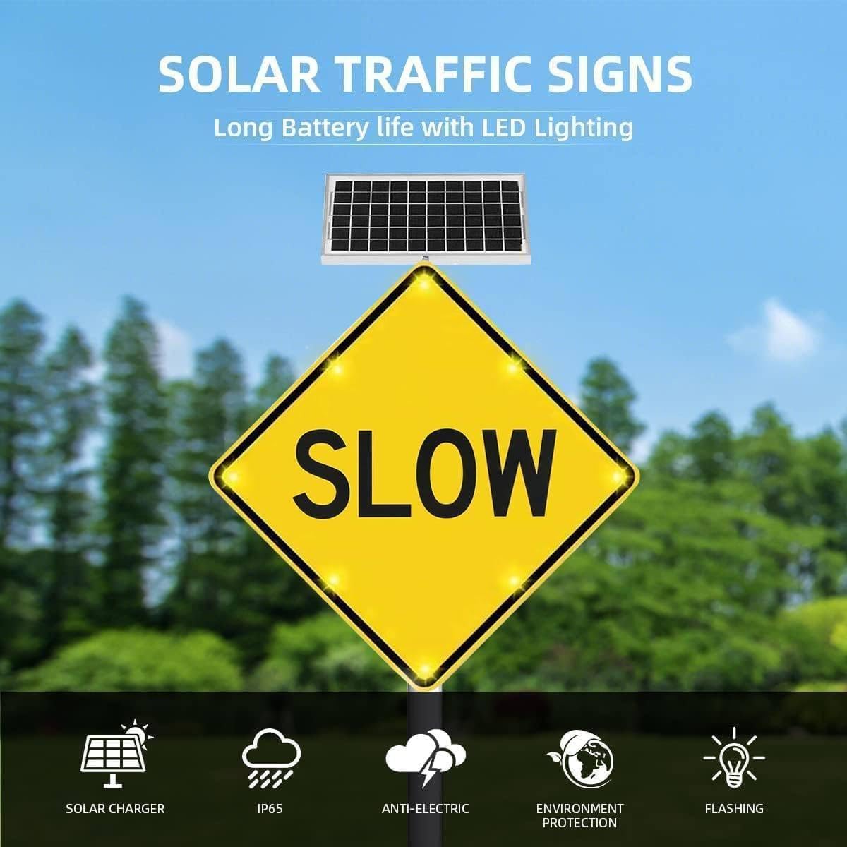 Señal Luminosa De Seguridad Intermitente con LED – Alimentada por Energía Solar, Cartel De Aluminio Reflectante para Seguridad Vial Exterior, Marco De Aluminio, 8 LED 24"