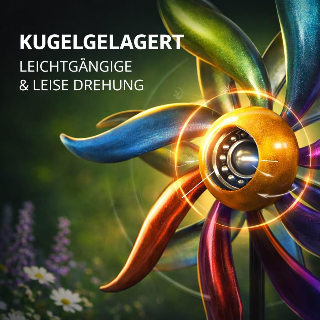 Kremers Schatzkiste Windrad Garten Metall bunt kugelgelagert Windspiel Ø 30 cm / 120 cm mit Erdspieß | Wetterfeste Gartendeko für Beet, Rasen & Terrasse | Vogelabwehr