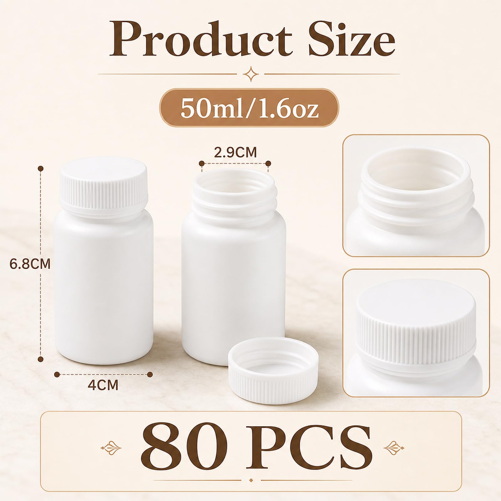Lot de 80 flacons vides de 50 ml avec bouchons en polyéthylène haute densité à large goulot pour vitamines, capsules, rangement de voyage - Blanc