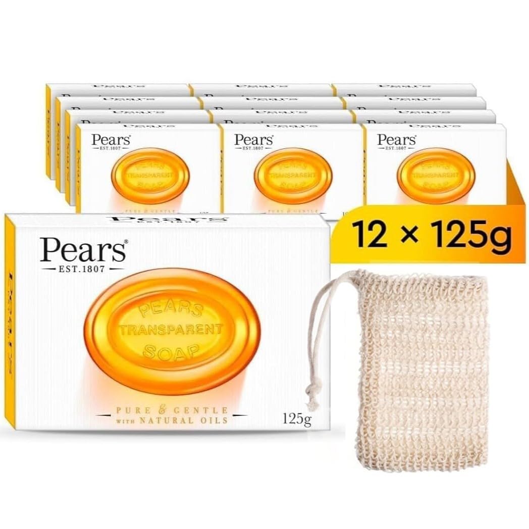 Pears Natural Amber Soap Bars 125g 12 Pack + 1x Soap Bag[Amazon-developed Certification] Compact by Design