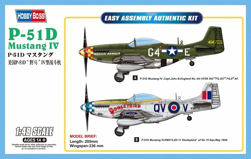 Hobbyboss 1:48 Scale P-51D Mustang IV Fighter Assembly Authentic Kit