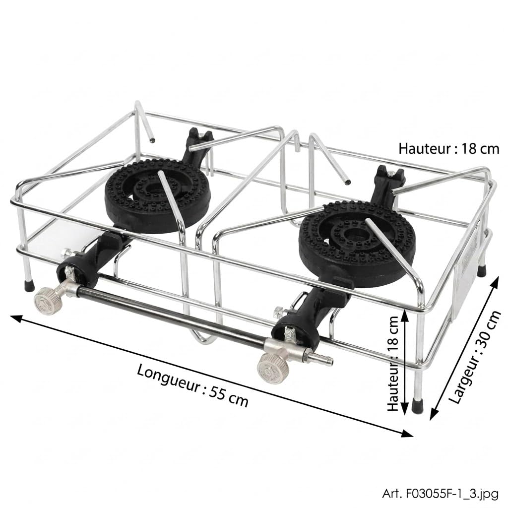 FOKER Réchaud à Gaz 2 Feux 8 kW, Réchaud Camping en Acier Inox avec Brûleurs en Fonte, Consommation 580g/h, Compatible Butane/Propane, Fabriqué en Italie, Idéal Extérieur et Jardin
